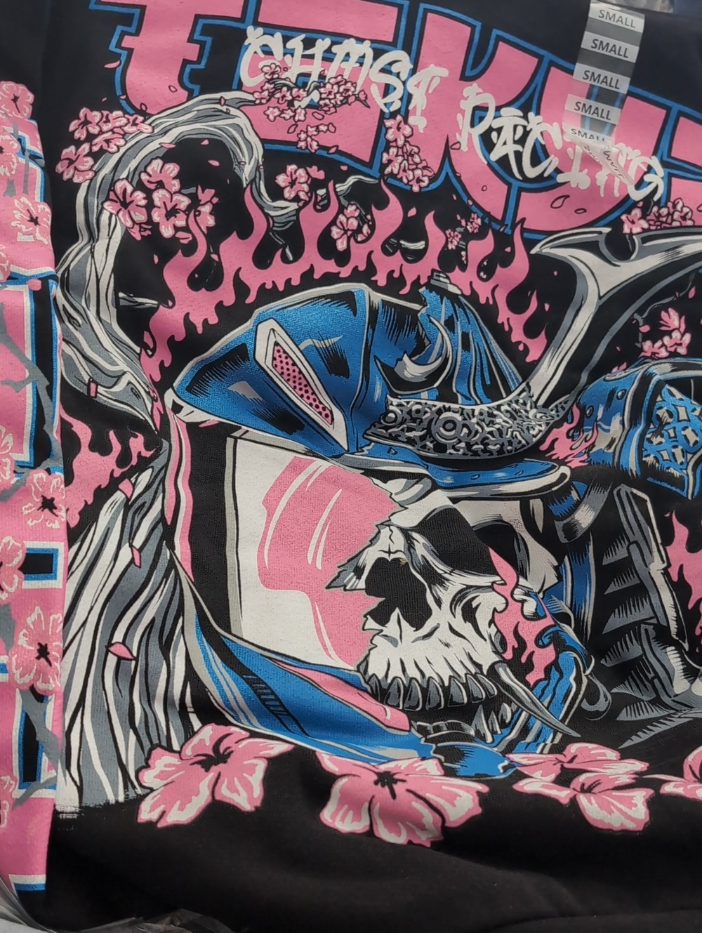 Ghost Racing Club Black Samurai Graphic Hoodie with Pink & Blue Artwork- S